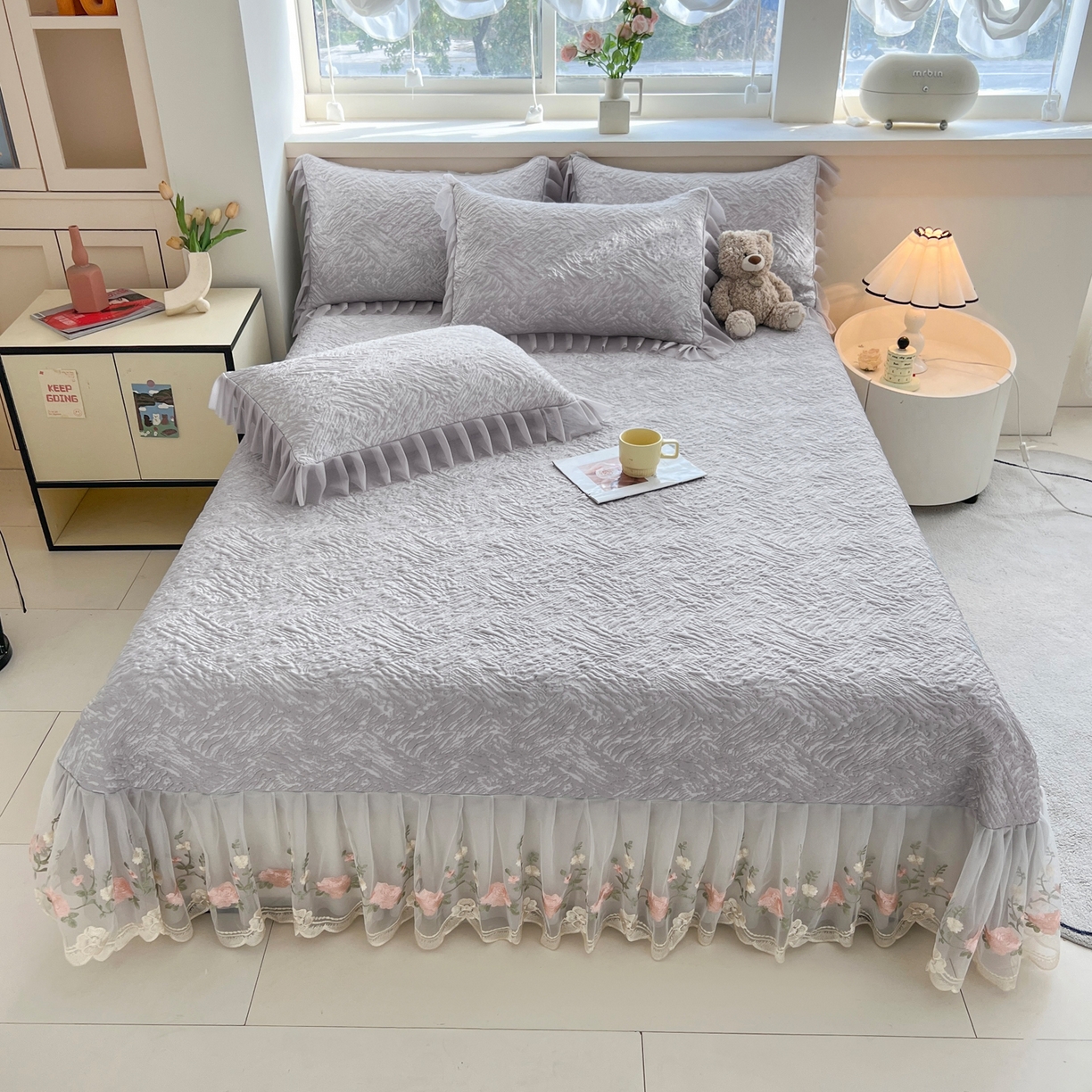 91家纺网 家纺一手货源 找家纺 能好家纺 2026春夏新款高分子PE冰豆豆床盖款凉席席子 轻奢灰