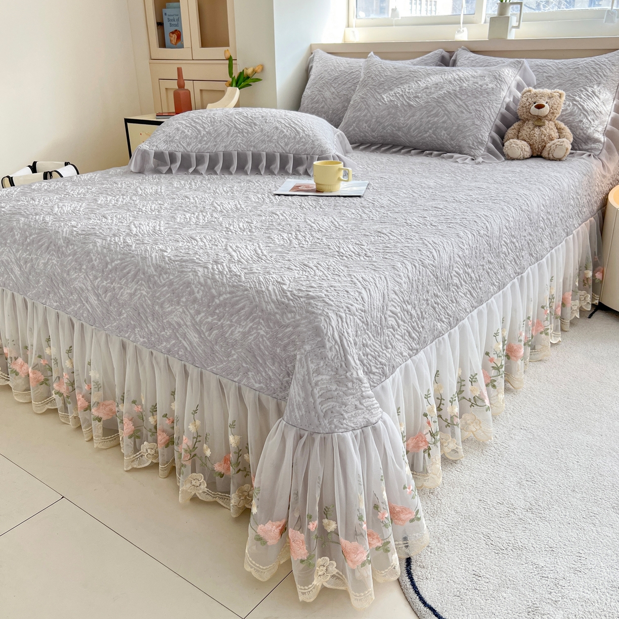 91家纺网 家纺一手货源 找家纺 能好家纺 2026春夏新款高分子PE冰豆豆床盖款凉席席子 轻奢灰