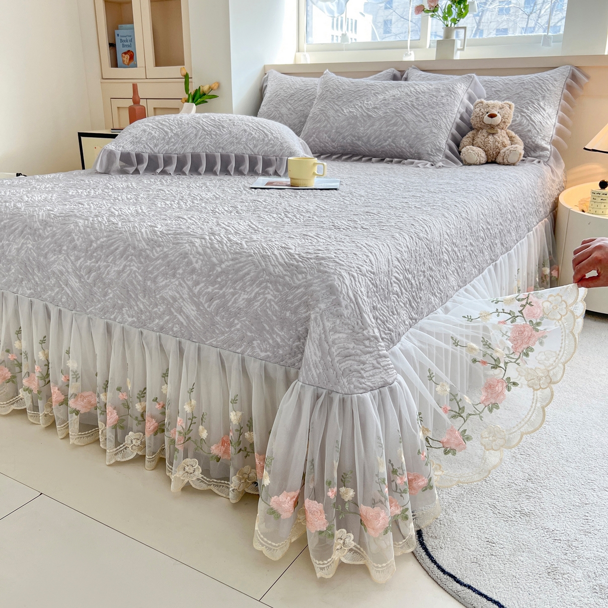 91家纺网 家纺一手货源 找家纺 能好家纺 2026春夏新款高分子PE冰豆豆床盖款凉席席子 轻奢灰