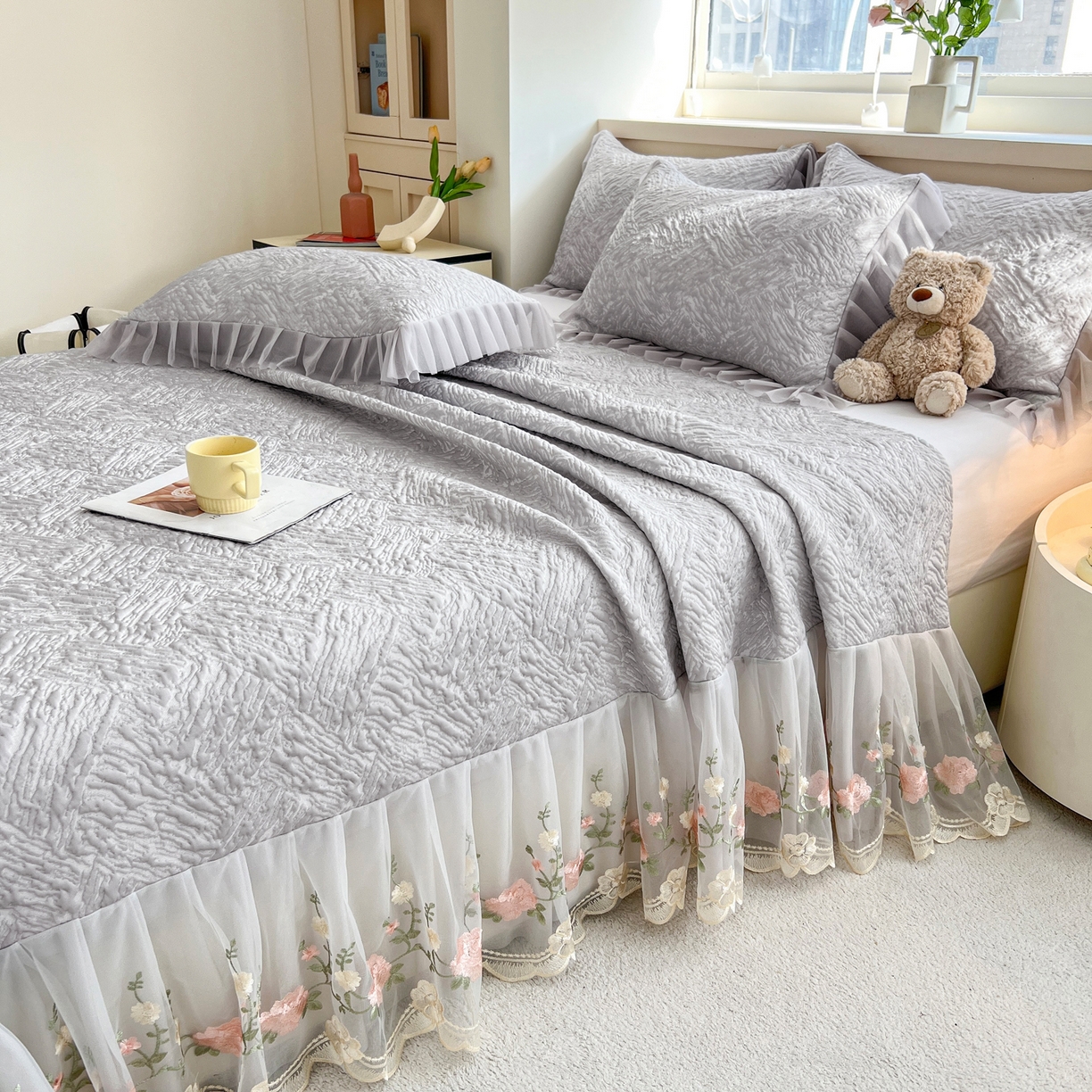 91家纺网 家纺一手货源 找家纺 能好家纺 2026春夏新款高分子PE冰豆豆床盖款凉席席子 轻奢灰