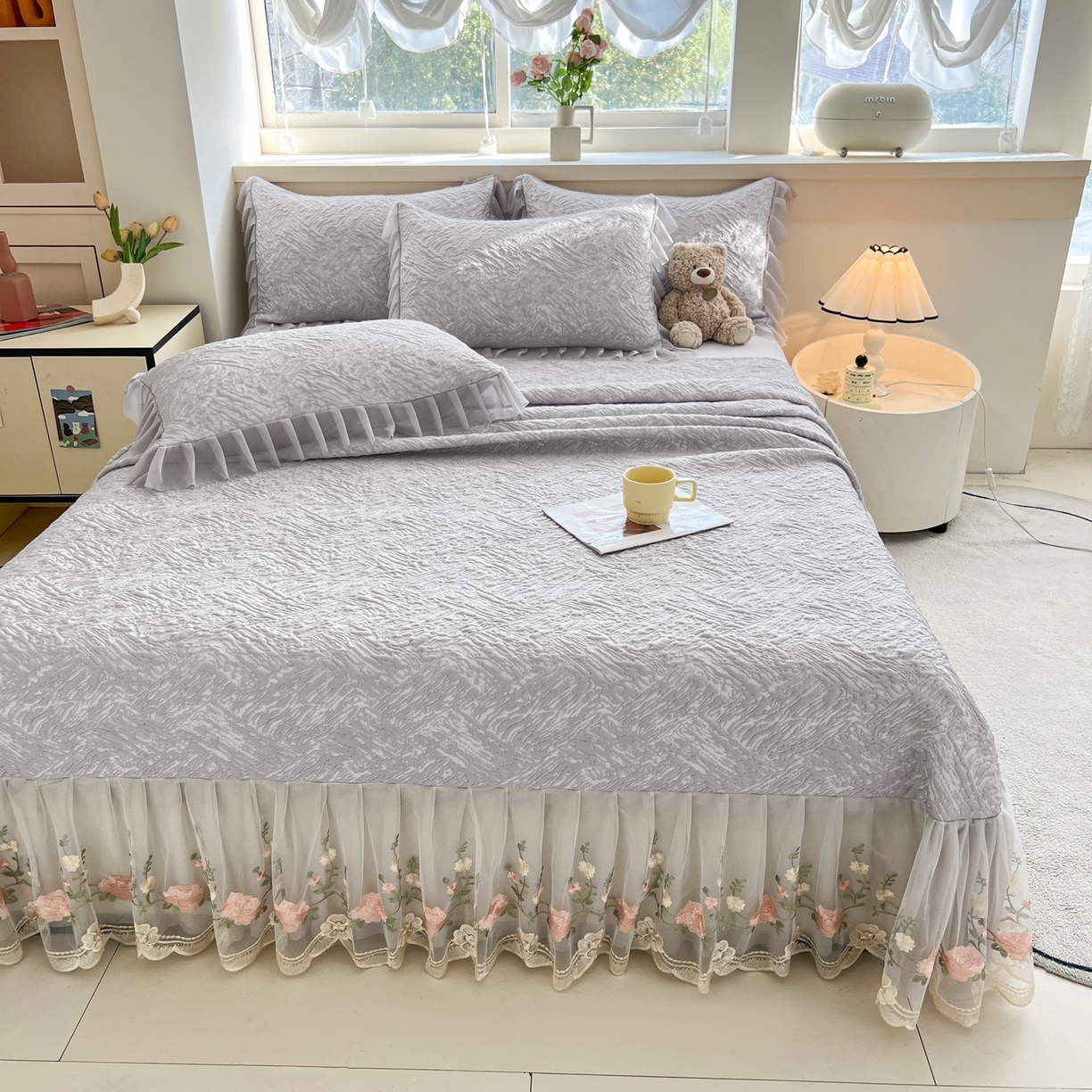 91家纺网 家纺一手货源 找家纺 能好家纺 2026春夏新款高分子PE冰豆豆床盖款凉席席子 轻奢灰