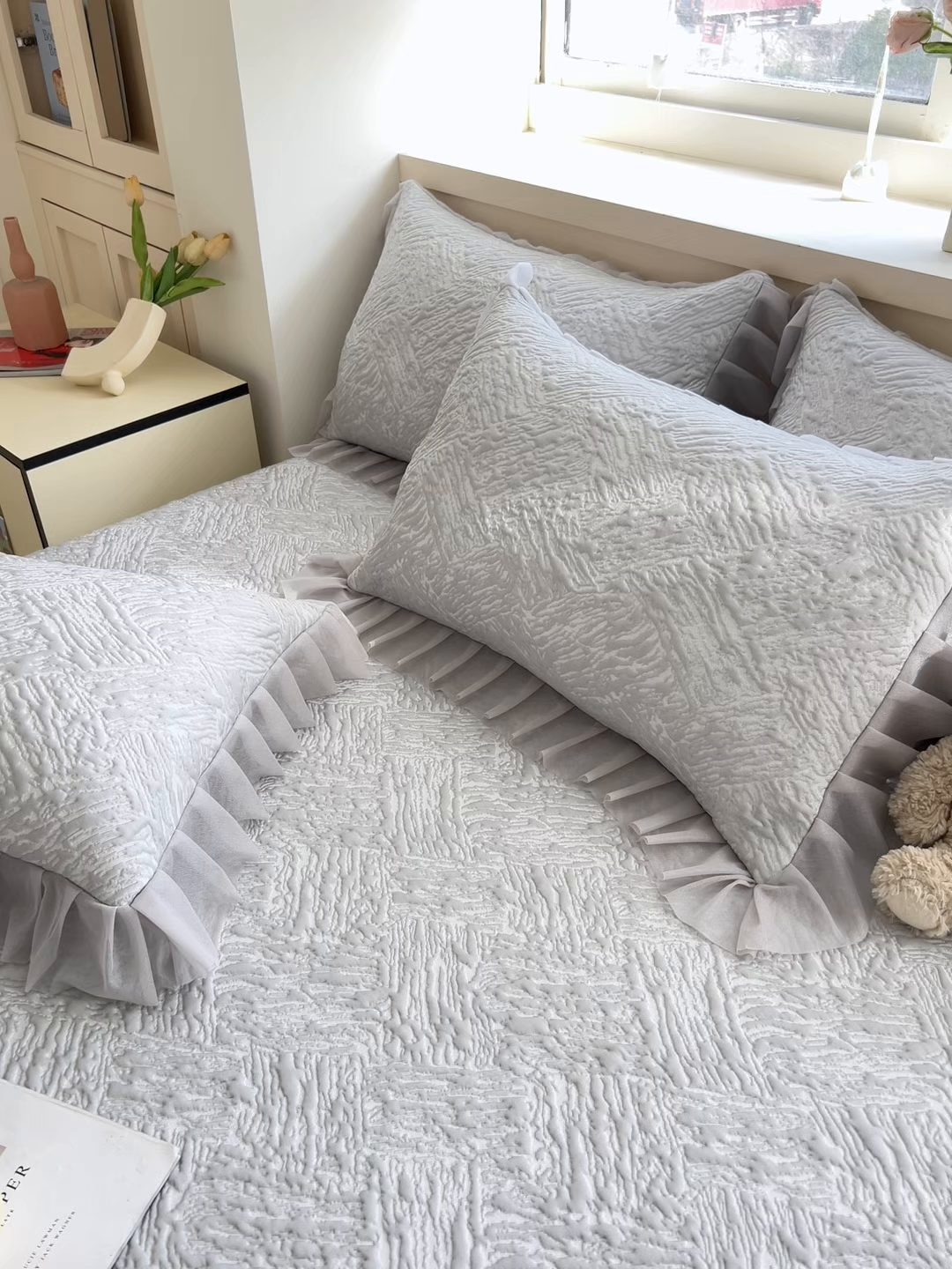 91家纺网 家纺一手货源 找家纺 能好家纺 2026春夏新款高分子PE冰豆豆床盖款凉席席子 轻奢灰