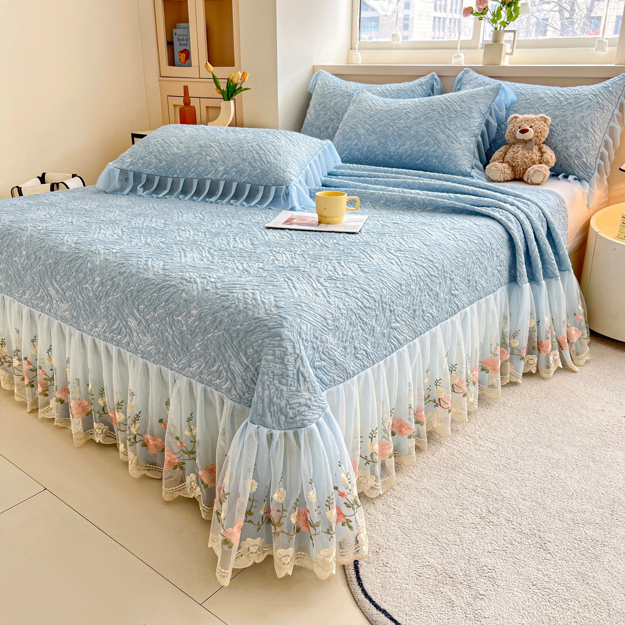 能好家纺 2026春夏新款高分子PE冰豆豆床盖款凉席席子 轻奢蓝