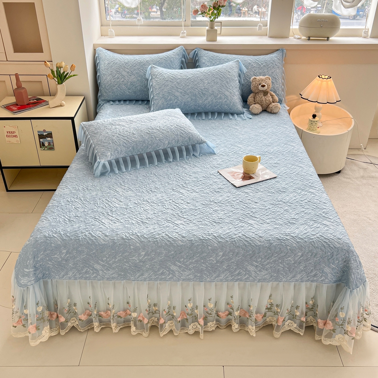 91家纺网 家纺一手货源 找家纺 能好家纺 2026春夏新款高分子PE冰豆豆床盖款凉席席子 轻奢蓝