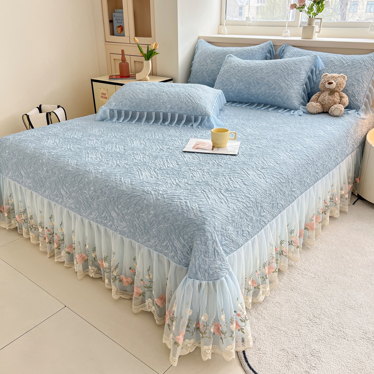 91家纺网 家纺一手货源 找家纺 能好家纺 2026春夏新款高分子PE冰豆豆床盖款凉席席子 轻奢蓝