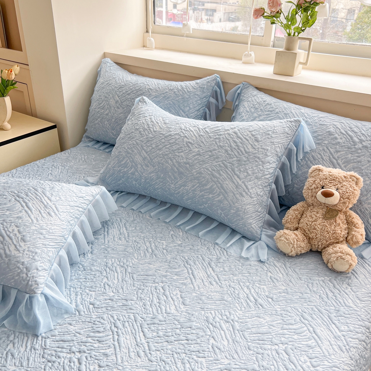 91家纺网 家纺一手货源 找家纺 能好家纺 2026春夏新款高分子PE冰豆豆床盖款凉席席子 轻奢蓝