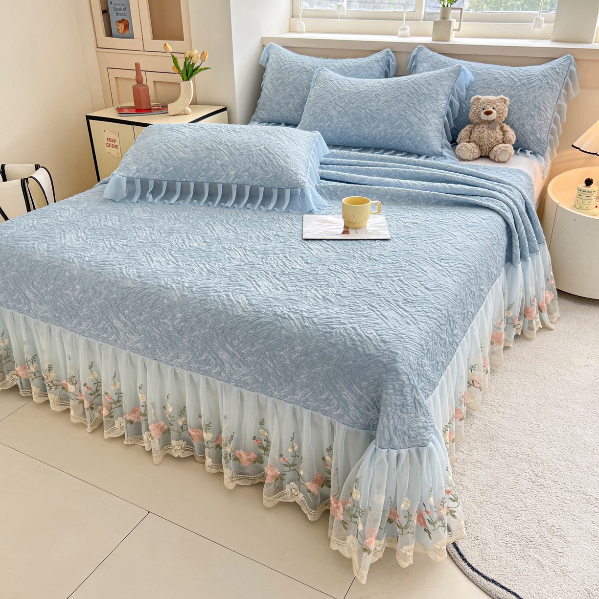 91家纺网 家纺一手货源 找家纺 能好家纺 2026春夏新款高分子PE冰豆豆床盖款凉席席子 轻奢蓝