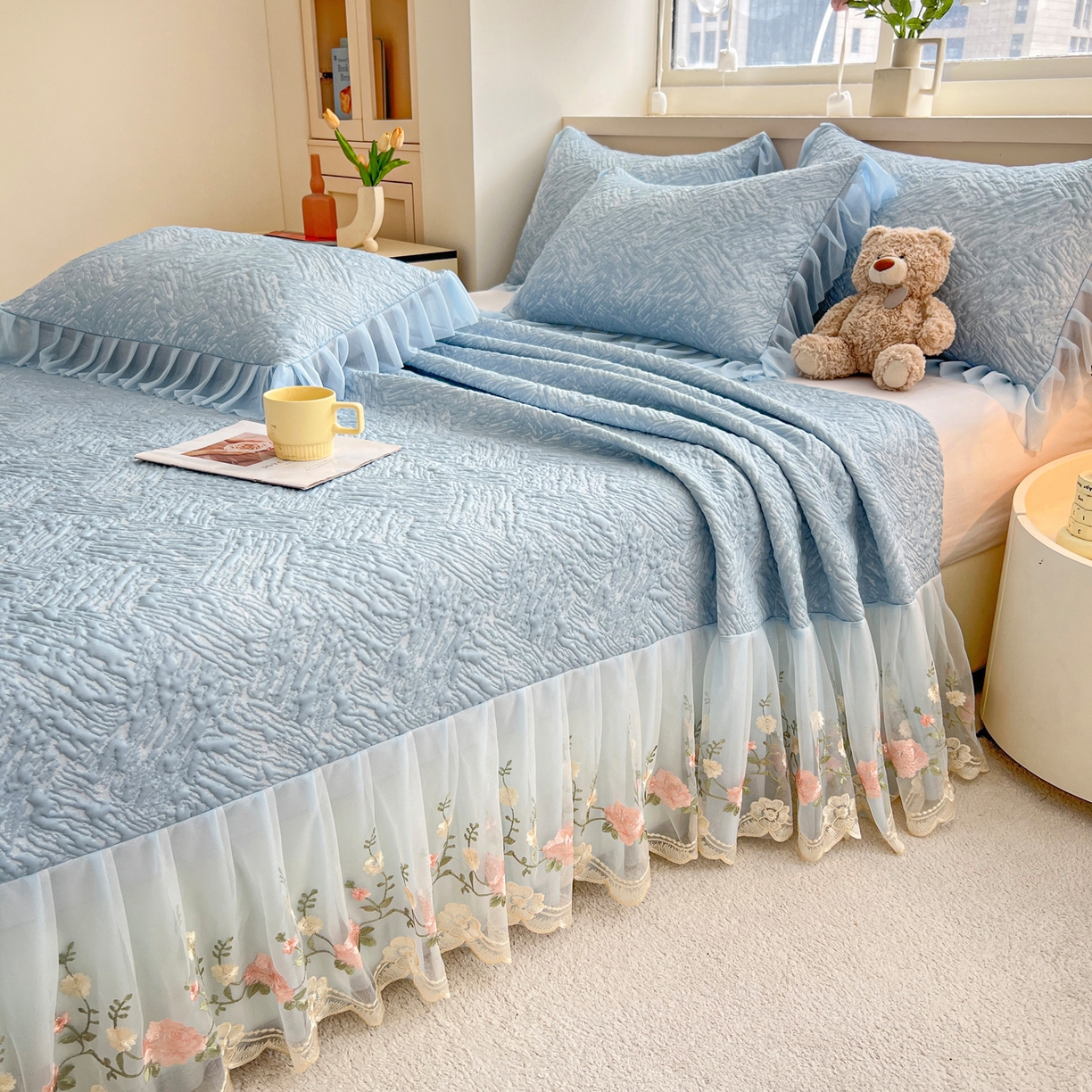 91家纺网 家纺一手货源 找家纺 能好家纺 2026春夏新款高分子PE冰豆豆床盖款凉席席子 轻奢蓝