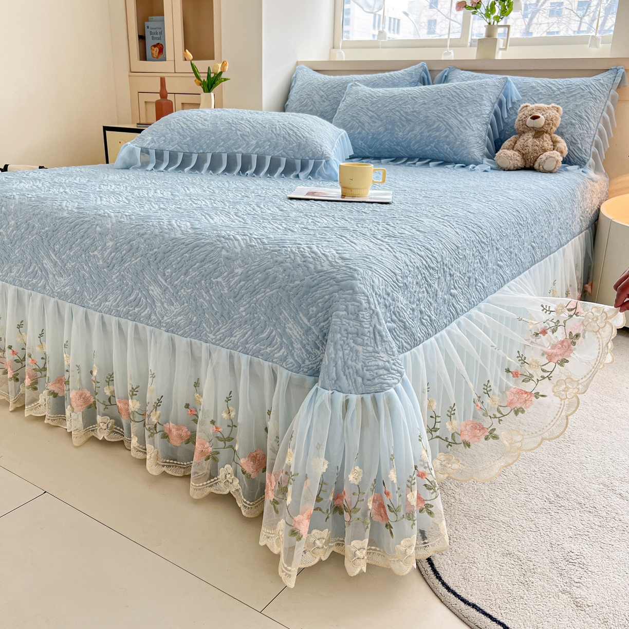 91家纺网 家纺一手货源 找家纺 能好家纺 2026春夏新款高分子PE冰豆豆床盖款凉席席子 轻奢蓝