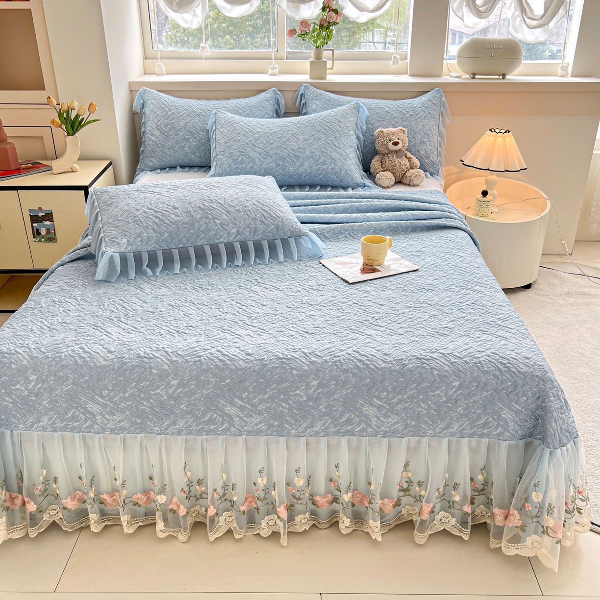 91家纺网 家纺一手货源 找家纺 能好家纺 2026春夏新款高分子PE冰豆豆床盖款凉席席子 轻奢蓝