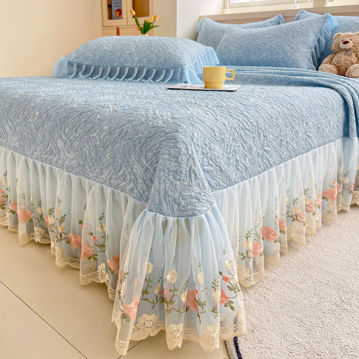 91家纺网 家纺一手货源 找家纺 能好家纺 2026春夏新款高分子PE冰豆豆床盖款凉席席子 轻奢蓝