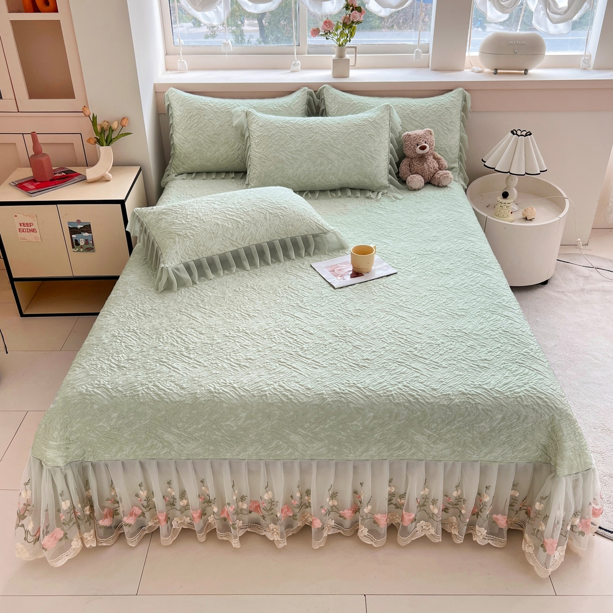 91家纺网 家纺一手货源 找家纺 能好家纺 2026春夏新款高分子PE冰豆豆床盖款凉席席子 轻奢绿