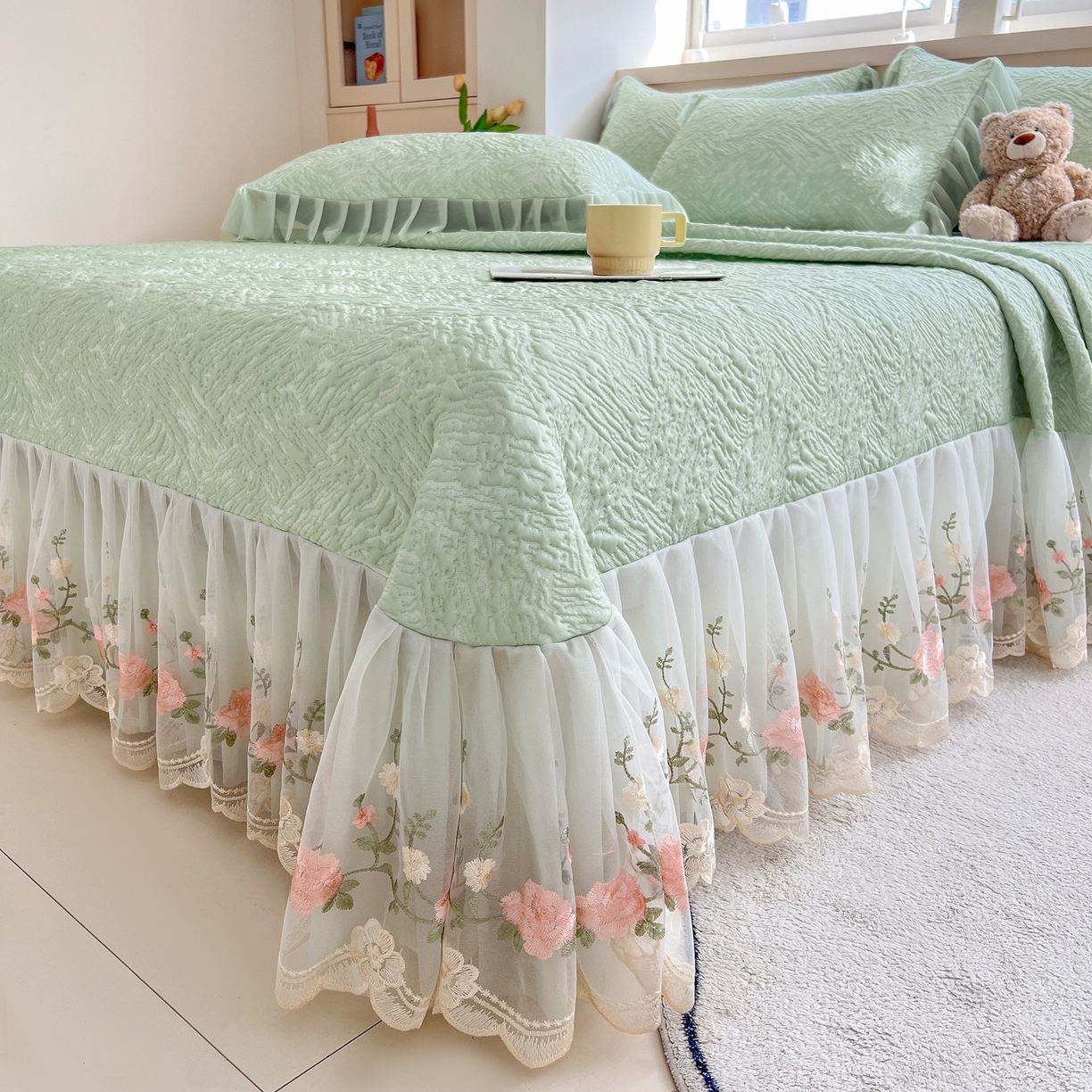 91家纺网 家纺一手货源 找家纺 能好家纺 2026春夏新款高分子PE冰豆豆床盖款凉席席子 轻奢绿