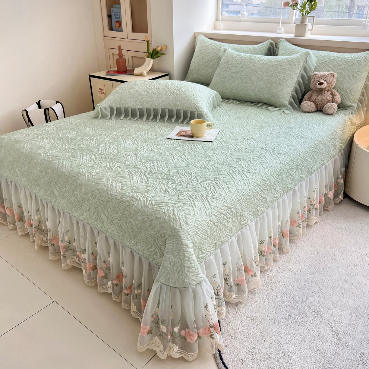 91家纺网 家纺一手货源 找家纺 能好家纺 2026春夏新款高分子PE冰豆豆床盖款凉席席子 轻奢绿