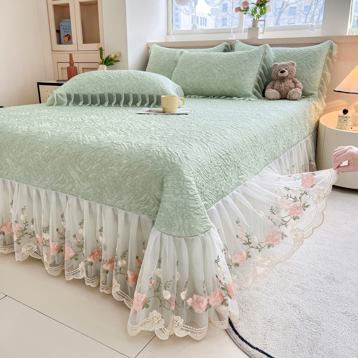 91家纺网 家纺一手货源 找家纺 能好家纺 2026春夏新款高分子PE冰豆豆床盖款凉席席子 轻奢绿