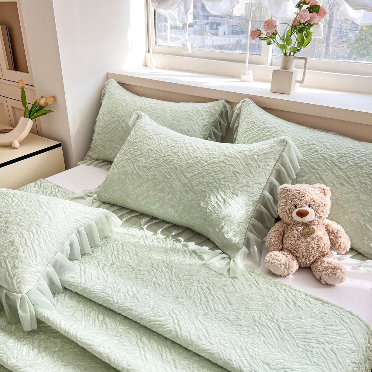 91家纺网 家纺一手货源 找家纺 能好家纺 2026春夏新款高分子PE冰豆豆床盖款凉席席子 轻奢绿