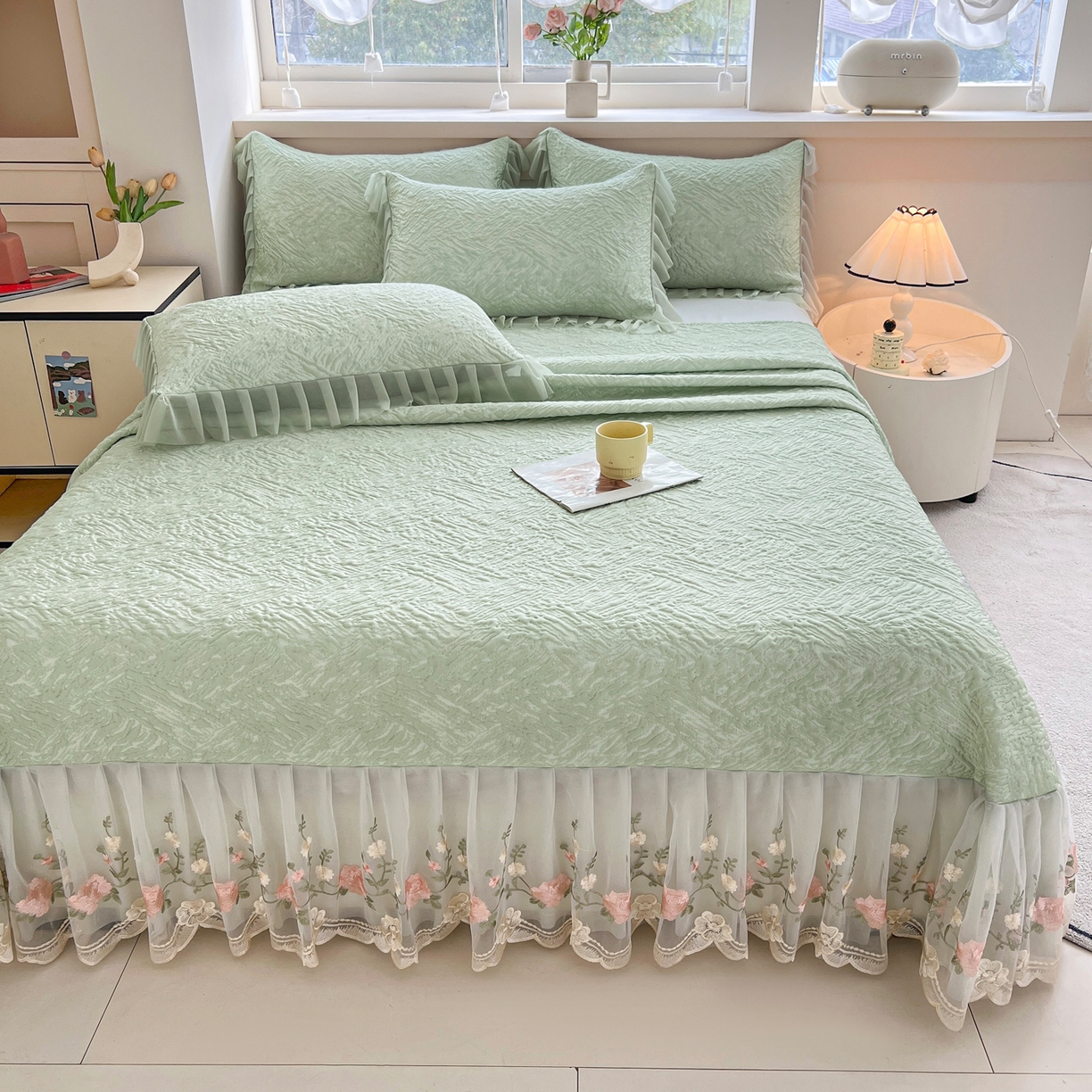 91家纺网 家纺一手货源 找家纺 能好家纺 2026春夏新款高分子PE冰豆豆床盖款凉席席子 轻奢绿