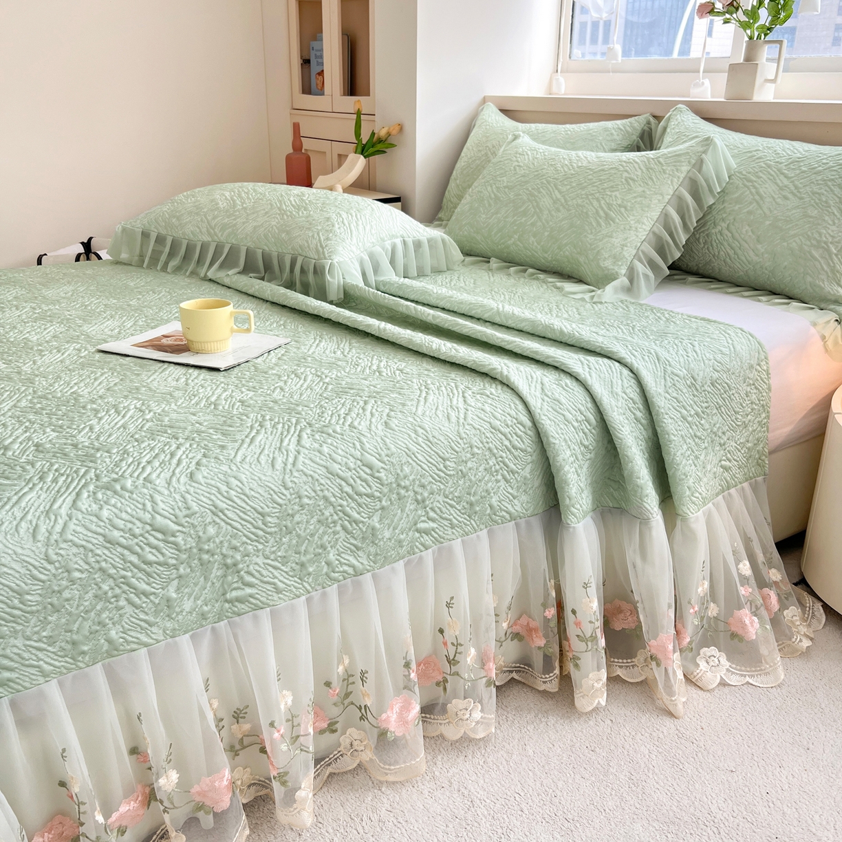 91家纺网 家纺一手货源 找家纺 能好家纺 2026春夏新款高分子PE冰豆豆床盖款凉席席子 轻奢绿