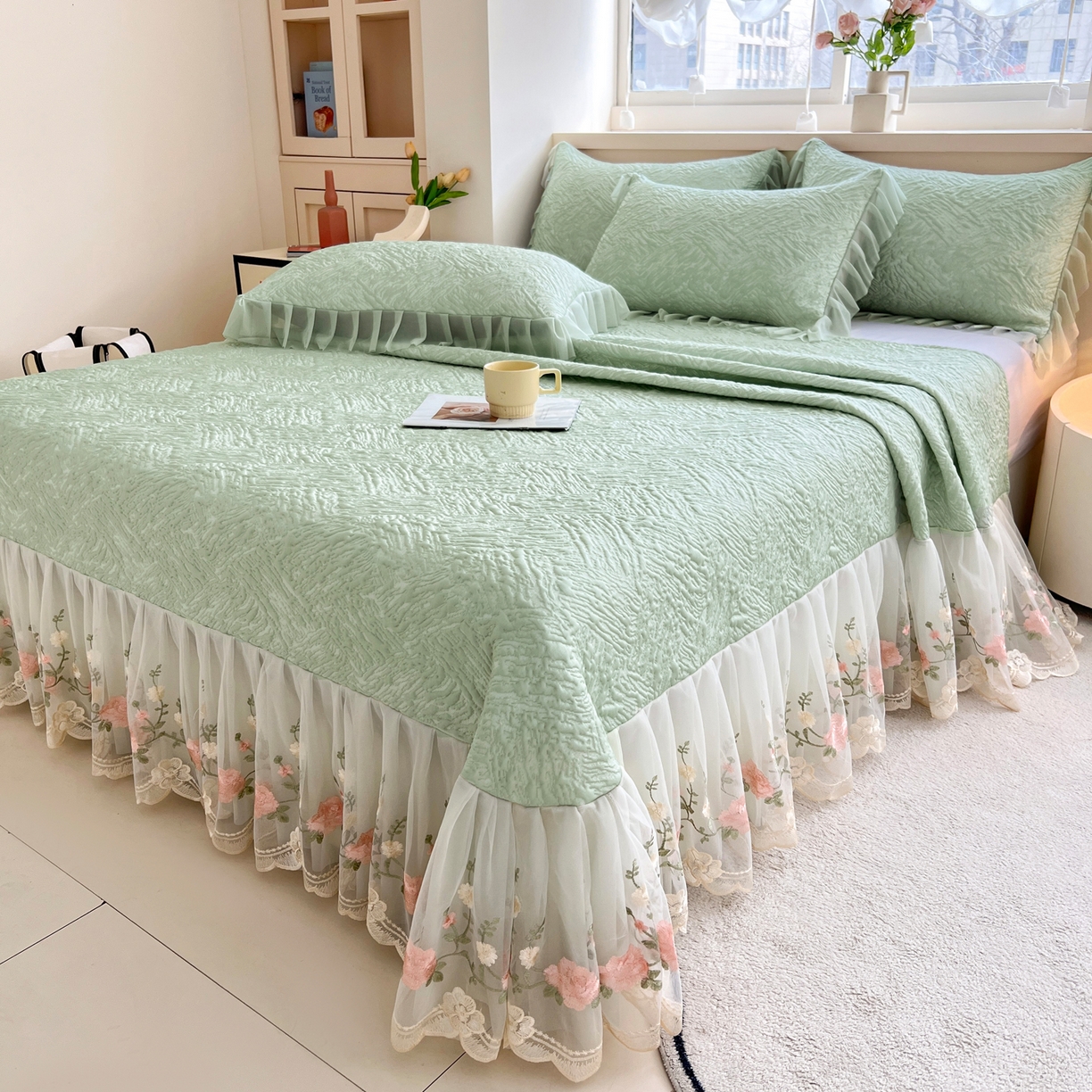 91家纺网 家纺一手货源 找家纺 能好家纺 2026春夏新款高分子PE冰豆豆床盖款凉席席子 轻奢绿