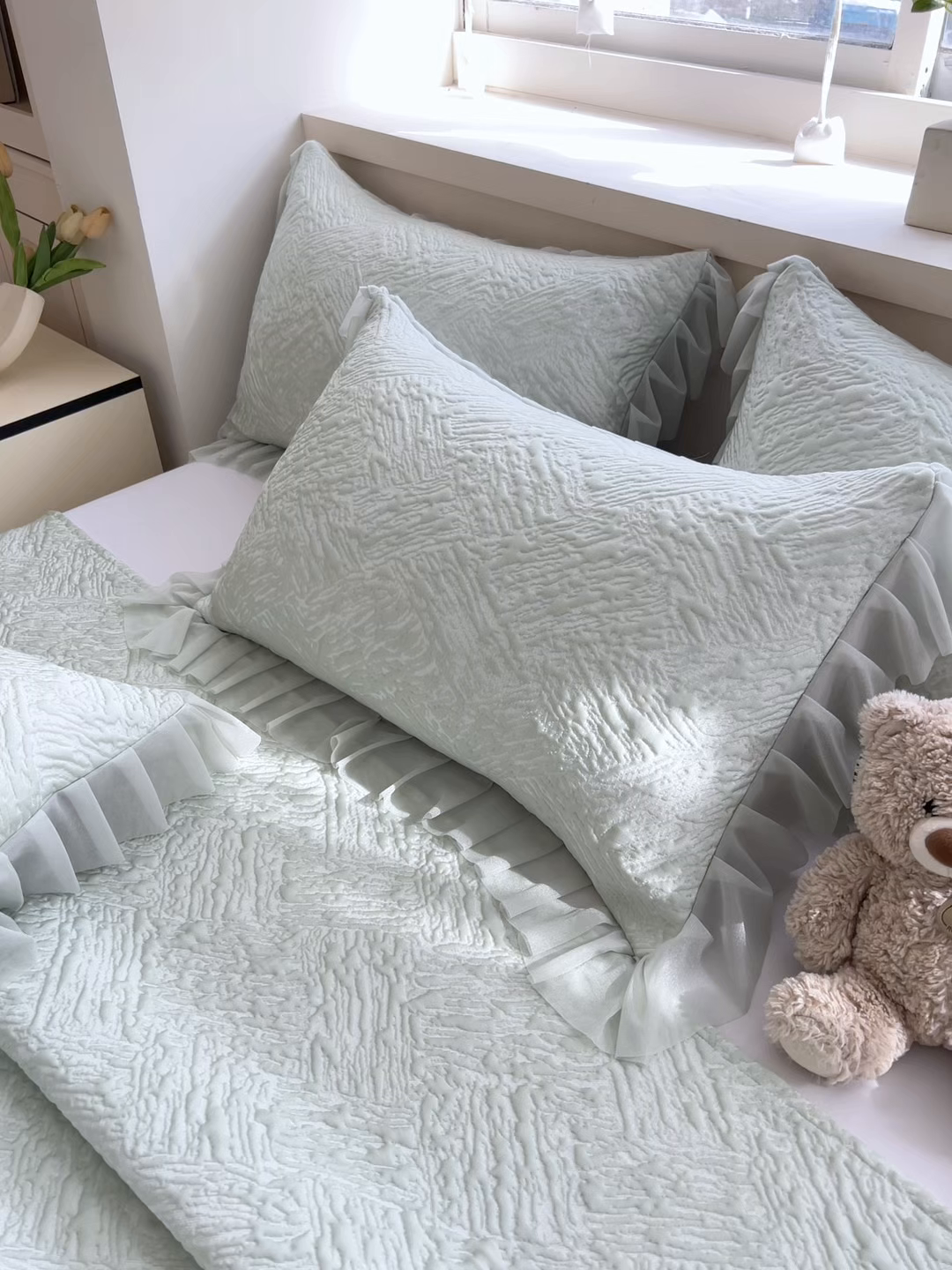 91家纺网 家纺一手货源 找家纺 能好家纺 2026春夏新款高分子PE冰豆豆床盖款凉席席子 轻奢绿