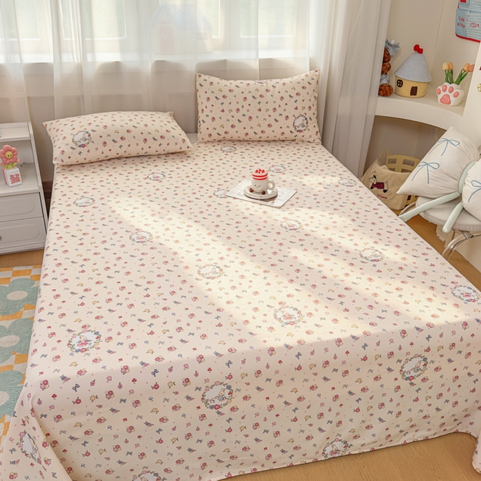 91家纺网 家纺一手货源 找家纺 爱彼家纺 2026夏季新款亲肤原棉老粗布透气印花床单单件热门热门床单款新升级-细沙老粗布 白多花园