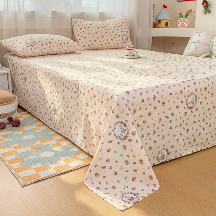 91家纺网 家纺一手货源 找家纺 爱彼家纺 2026夏季新款亲肤原棉老粗布透气印花床单单件热门热门床单款新升级-细沙老粗布 白多花园