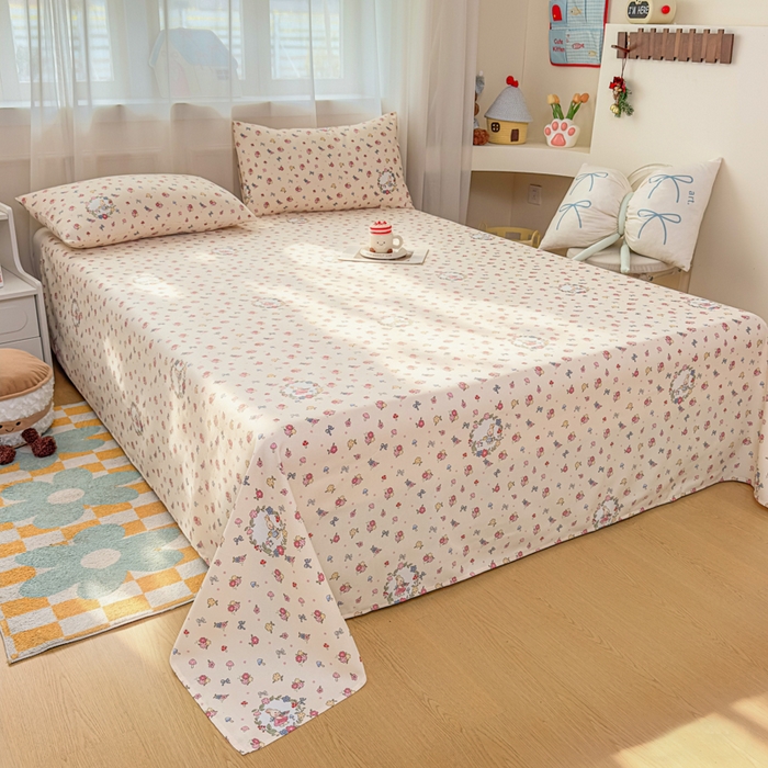 91家纺网 家纺一手货源 找家纺 爱彼家纺 2026夏季新款亲肤原棉老粗布透气印花床单单件热门热门床单款新升级-细沙老粗布 白多花园