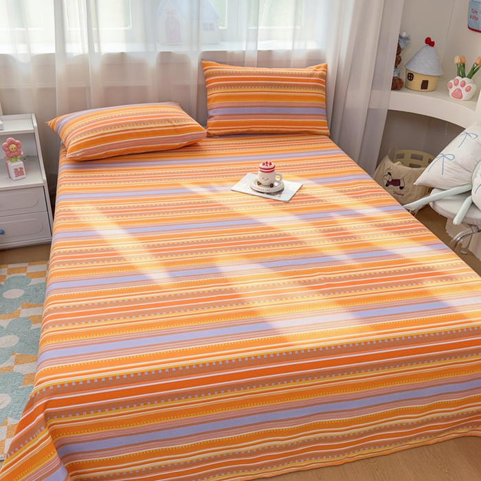 91家纺网 家纺一手货源 找家纺 爱彼家纺 2026夏季新款亲肤原棉老粗布透气印花床单单件热门热门床单款新升级-细沙老粗布 橘色条纹