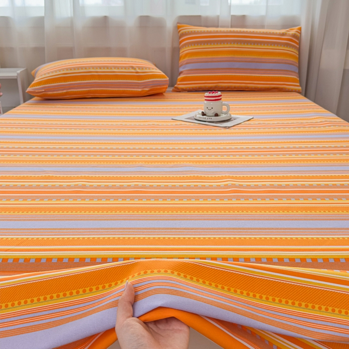 91家纺网 家纺一手货源 找家纺 爱彼家纺 2026夏季新款亲肤原棉老粗布透气印花床单单件热门热门床单款新升级-细沙老粗布 橘色条纹