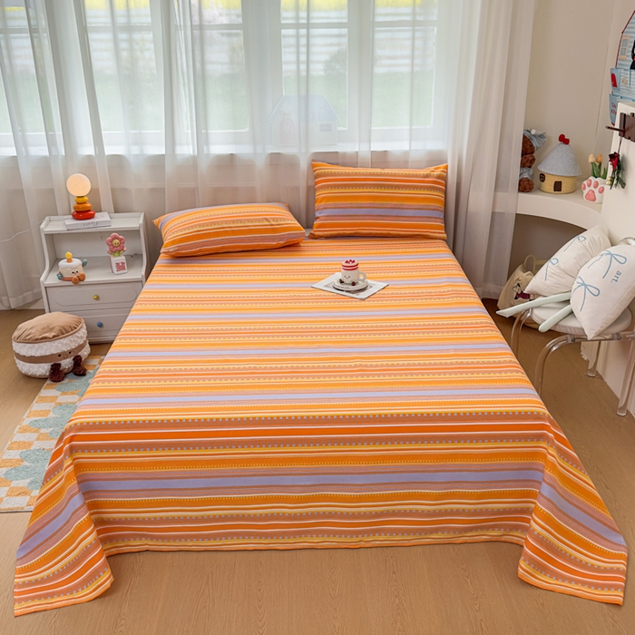 91家纺网 家纺一手货源 找家纺 爱彼家纺 2026夏季新款亲肤原棉老粗布透气印花床单单件热门热门床单款新升级-细沙老粗布 橘色条纹
