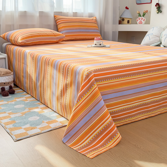 91家纺网 家纺一手货源 找家纺 爱彼家纺 2026夏季新款亲肤原棉老粗布透气印花床单单件热门热门床单款新升级-细沙老粗布 橘色条纹