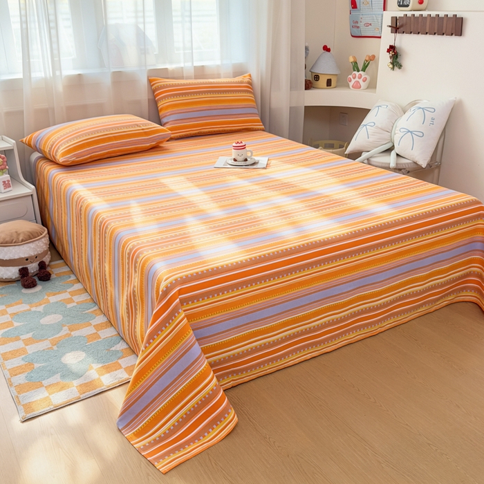 91家纺网 家纺一手货源 找家纺 爱彼家纺 2026夏季新款亲肤原棉老粗布透气印花床单单件热门热门床单款新升级-细沙老粗布 橘色条纹