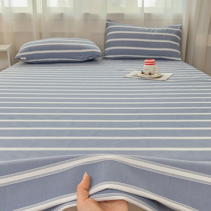 91家纺网 家纺一手货源 找家纺 爱彼家纺 2026夏季新款亲肤原棉老粗布透气印花床单单件热门热门床单款新升级-细沙老粗布 蓝白条