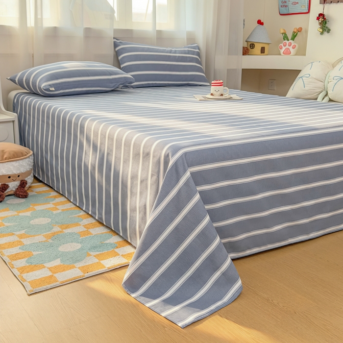 91家纺网 家纺一手货源 找家纺 爱彼家纺 2026夏季新款亲肤原棉老粗布透气印花床单单件热门热门床单款新升级-细沙老粗布 蓝白条