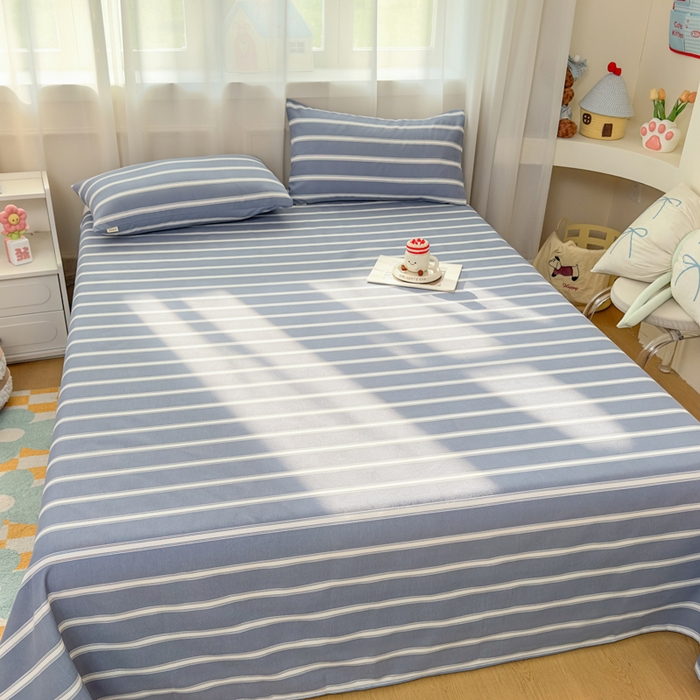 91家纺网 家纺一手货源 找家纺 爱彼家纺 2026夏季新款亲肤原棉老粗布透气印花床单单件热门热门床单款新升级-细沙老粗布 蓝白条