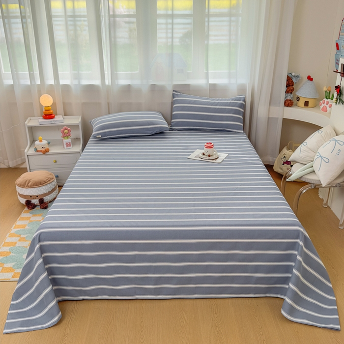 91家纺网 家纺一手货源 找家纺 爱彼家纺 2026夏季新款亲肤原棉老粗布透气印花床单单件热门热门床单款新升级-细沙老粗布 蓝白条