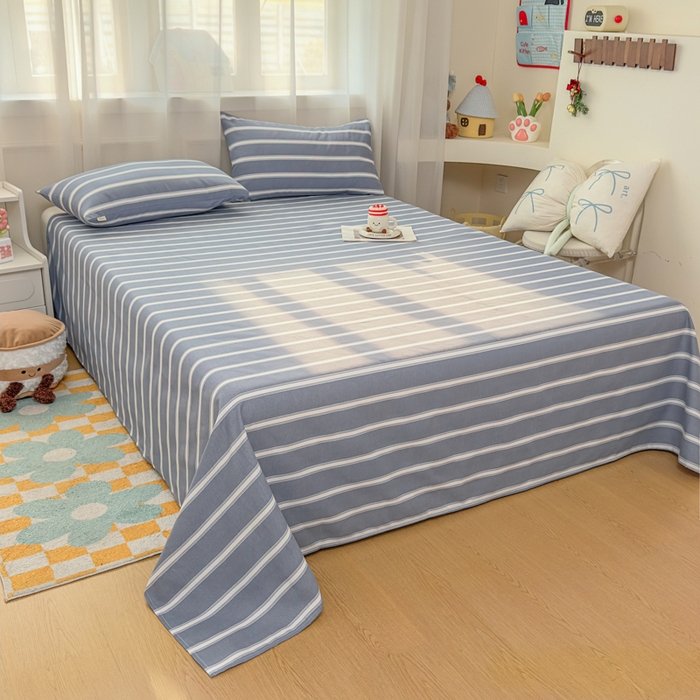 91家纺网 家纺一手货源 找家纺 爱彼家纺 2026夏季新款亲肤原棉老粗布透气印花床单单件热门热门床单款新升级-细沙老粗布 蓝白条