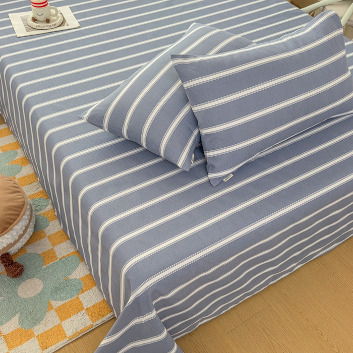 91家纺网 家纺一手货源 找家纺 爱彼家纺 2026夏季新款亲肤原棉老粗布透气印花床单单件热门热门床单款新升级-细沙老粗布 蓝白条