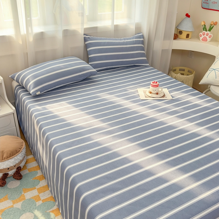 91家纺网 家纺一手货源 找家纺 爱彼家纺 2026夏季新款亲肤原棉老粗布透气印花床单单件热门热门床单款新升级-细沙老粗布 蓝白条