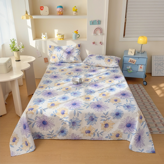 91家纺网 家纺一手货源 找家纺 爱彼家纺 2026夏季新款亲肤原棉老粗布透气印花床单单件热门热门床单款新升级-细沙老粗布 蓝菊绘