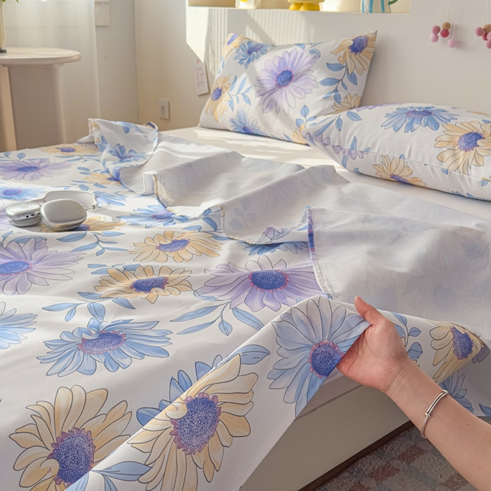 91家纺网 家纺一手货源 找家纺 爱彼家纺 2026夏季新款亲肤原棉老粗布透气印花床单单件热门热门床单款新升级-细沙老粗布 蓝菊绘