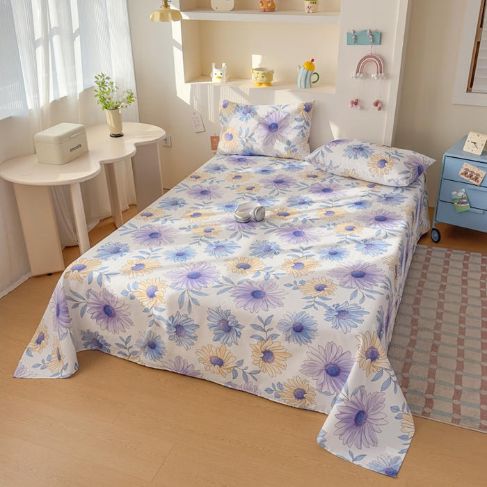 91家纺网 家纺一手货源 找家纺 爱彼家纺 2026夏季新款亲肤原棉老粗布透气印花床单单件热门热门床单款新升级-细沙老粗布 蓝菊绘