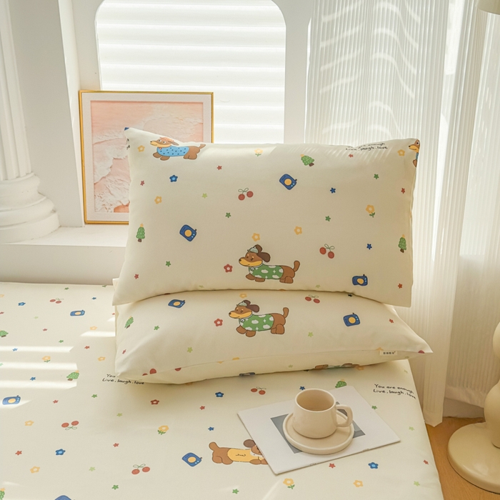 91家纺网 家纺一手货源 找家纺 爱彼家纺 2026夏季新款亲肤原棉老粗布透气印花床单单件热门热门床单款新升级-细沙老粗布 甜樱萌犬