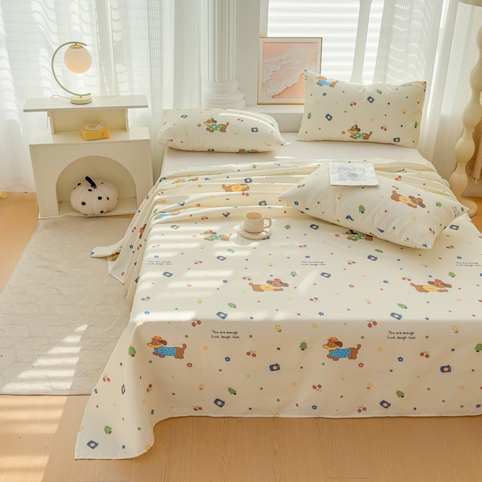 91家纺网 家纺一手货源 找家纺 爱彼家纺 2026夏季新款亲肤原棉老粗布透气印花床单单件热门热门床单款新升级-细沙老粗布 甜樱萌犬