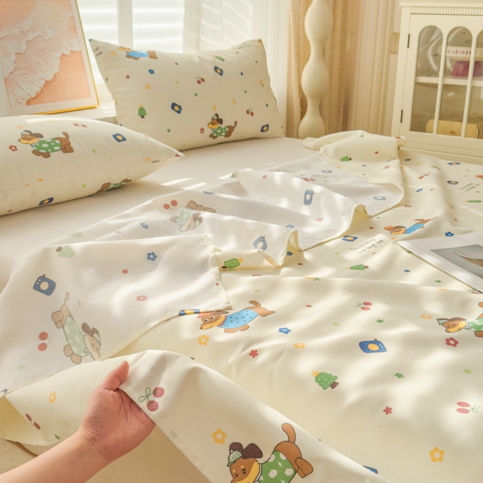 91家纺网 家纺一手货源 找家纺 爱彼家纺 2026夏季新款亲肤原棉老粗布透气印花床单单件热门热门床单款新升级-细沙老粗布 甜樱萌犬