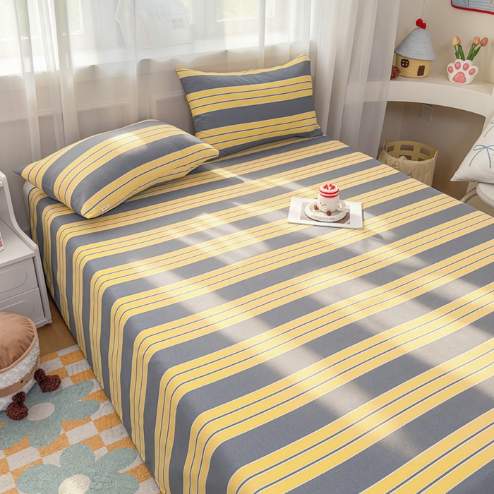 91家纺网 家纺一手货源 找家纺 爱彼家纺 2026夏季新款亲肤原棉老粗布透气印花床单单件热门热门床单款新升级-细沙老粗布 约定条纹