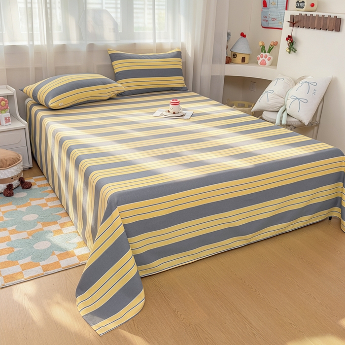 91家纺网 家纺一手货源 找家纺 爱彼家纺 2026夏季新款亲肤原棉老粗布透气印花床单单件热门热门床单款新升级-细沙老粗布 约定条纹