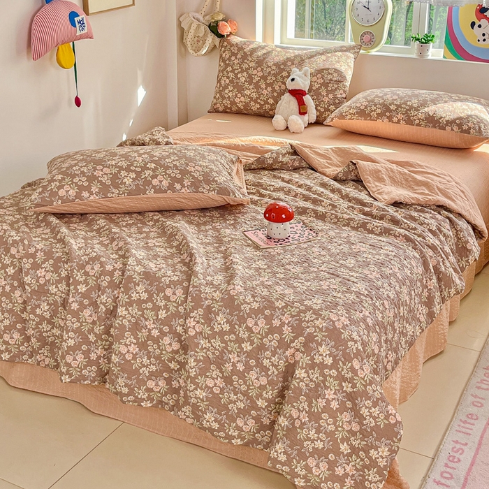 91家纺网 家纺一手货源 找家纺 利禾家纺 2026春夏新款泡芙纱简约夏被四件套夏凉被空调被 桔园-简约