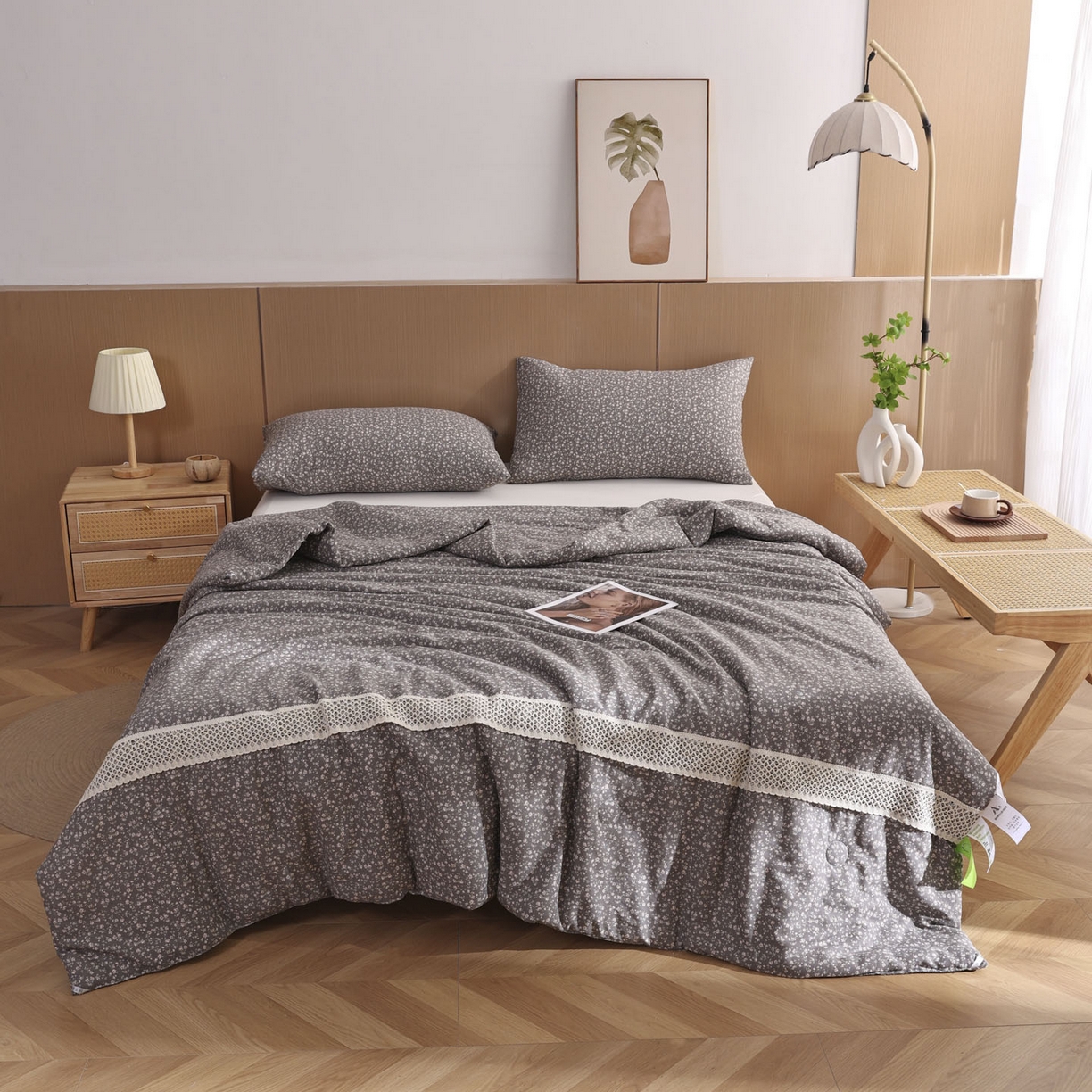 91家纺网 家纺一手货源 找家纺 尊妙被业 2026新款全棉双层纱蚕蛹蛋白抗菌夏被被子被芯 蔓纱-灰