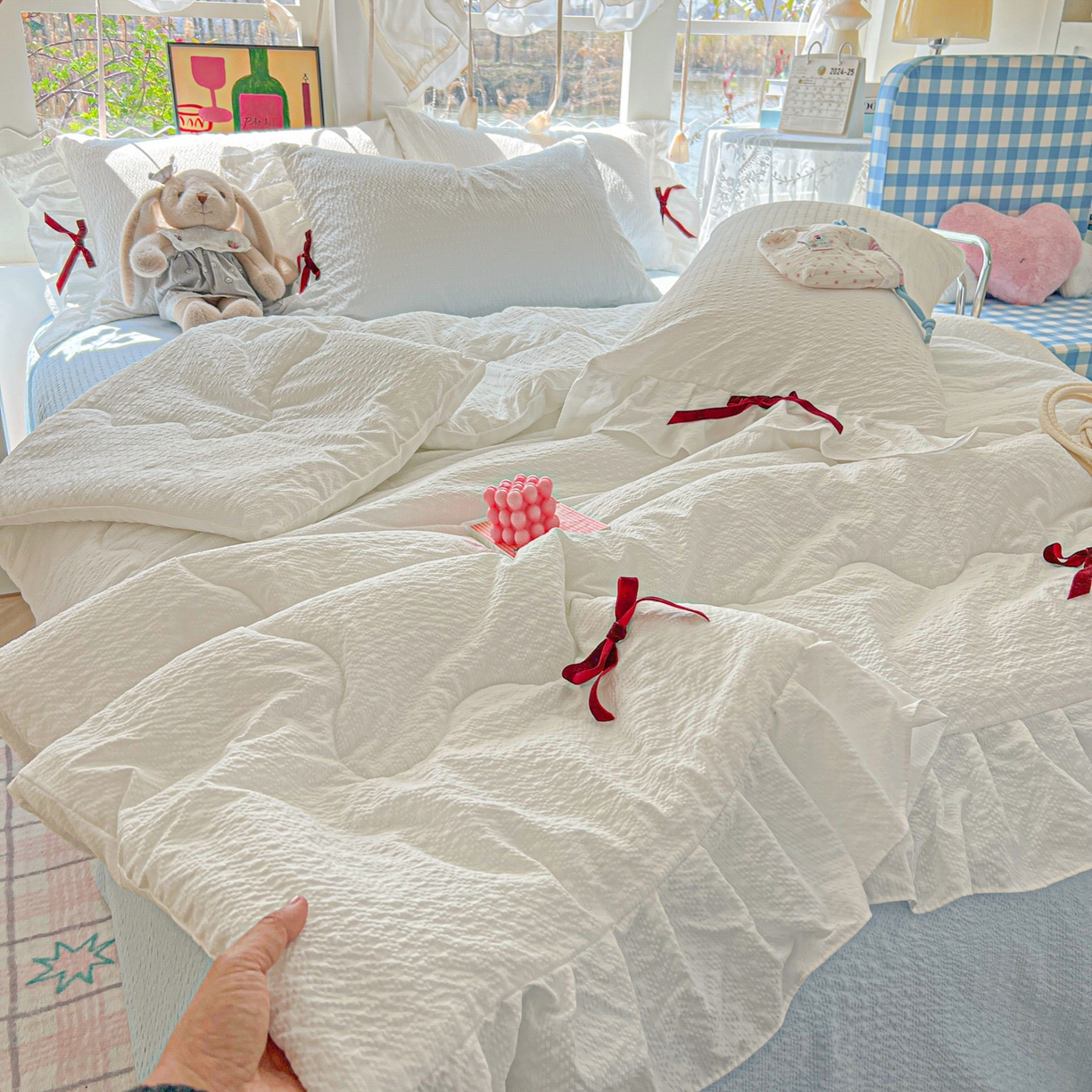 91家纺网 家纺一手货源 找家纺 （总）爱彼家纺 2026新款纯色花边蝴蝶结夏被空调被夏凉被